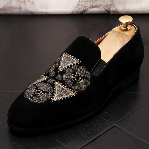 Sapatos de couro de veludo remendo bordado preto verão