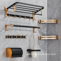 Hotel Style Wall-Mounted Towel Rail and Hook Set in Black and Gold - Aluminum Construction