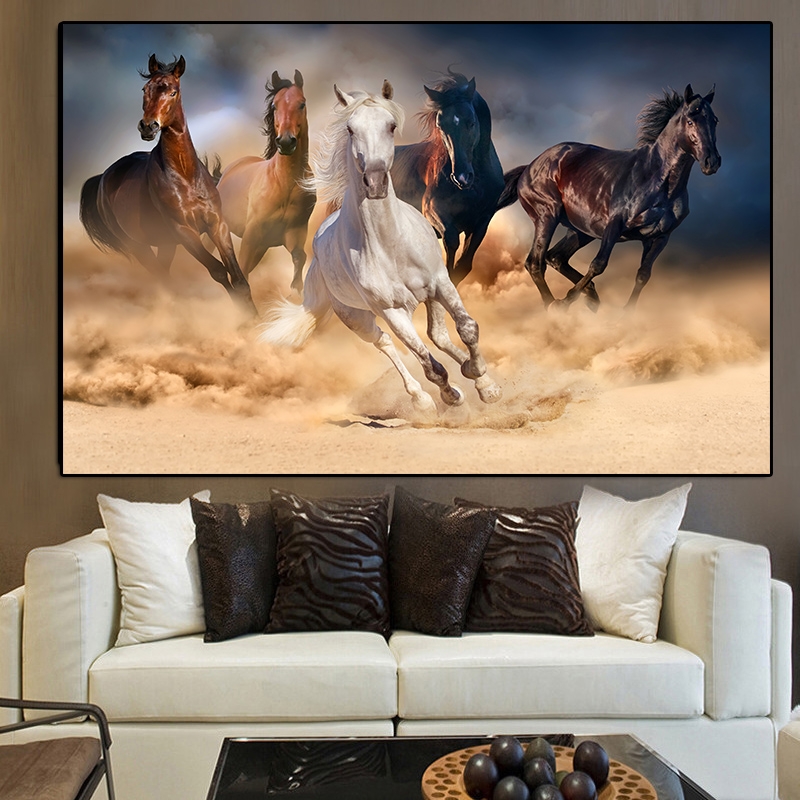 Five Running Horse Poster Wild Animals Oil Painting on Canvas Posters and Prints Wall Art Picture for Living Room Unframed