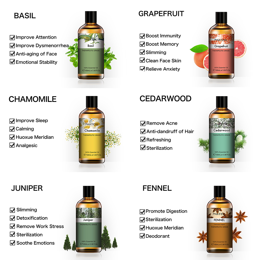 100ML Juniper Essential Oil Diffuser Pure Natural Essential Geranium Tea Tree Lemongrass Chamomile Cedarwood Cinnamon Aroma Oil