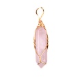 Rose Quartz Hexagonal Pointed( 8x32mm) Pendant Wrapped Gold Wire Necklace 45cm Black Cord