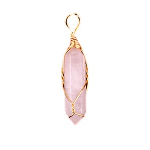 Rose Quartz Hexagonal Pointed( 8x32mm) Pendant Wrapped Gold Wire for DIY Making Jewelry