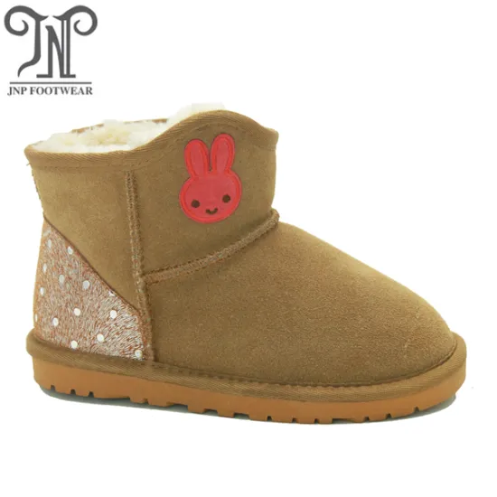 Young Girls Brown Ankle Boots with Embroidery Rabbit