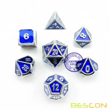 Bescon Deluxe Shiny Chrome and Blue Enamel Solid Metal Polyhedral Role Playing RPG Game Dice Set of 7