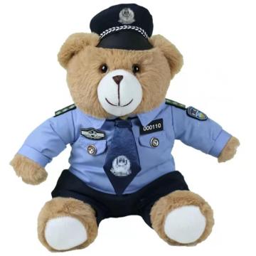 Urso de pelúcia de pelúcia de recheio marrom escuro em uniforme da polícia