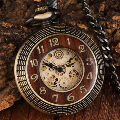 Vintage Wood Circle Carved Number Dial Mechanical Pocket Watch Men Unique Hollow Steampunk Bronze Mechanical Clock Watch chain
