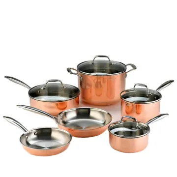 Copper Cookware Set - 3 Ply 10pcs Pot and Pan Set for Home Kitchen Cooking