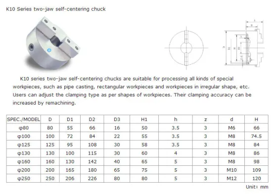 K10-250 2 jaw manual self-centre milling chuck