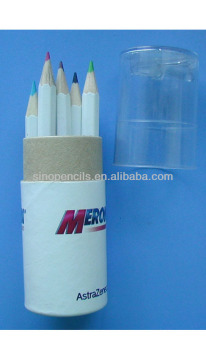 hexagon color short pencil with white pencil barrels packing in paper tube with sharpener top