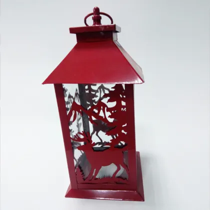 Metal Hurricane Lantern With Red Deer