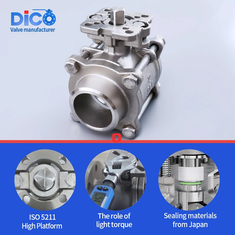 Extrémité de soudure DICO Butt avec plate-forme haute en acier inoxydable 3pc Valve à billes flottantes