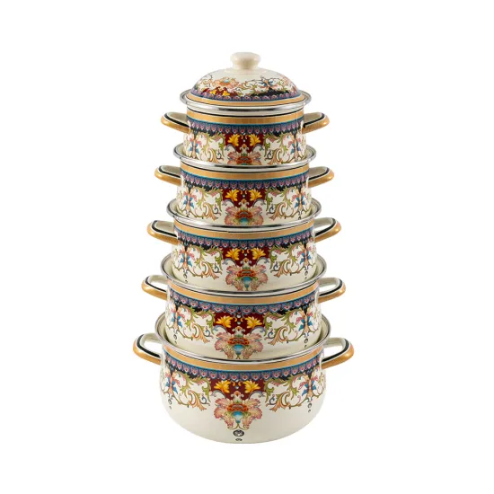 806D Full Printing Flowers 5 PCS Cookware Kitchen Cooking Set Cast-Iron Camping Pot Enamel Casserole