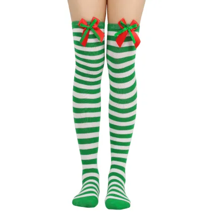 Wholesale Christmas Striped Over Knee Socks with Santa Bow