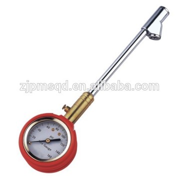 Dial type tyre tire gauge dual-head chuck,metal body w/protective rubber casing with brass air release valve