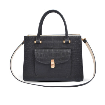 Bolso satchel de piel de cocodrilo con bolsillo pequeño y doble correa