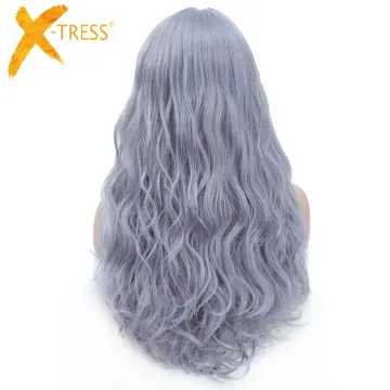 X-TRESS Light Gray Blue Synthetic Hair Wigs High Temperature Fiber Middle Part For Women Wigs Machine Made Natural Hair Wigs