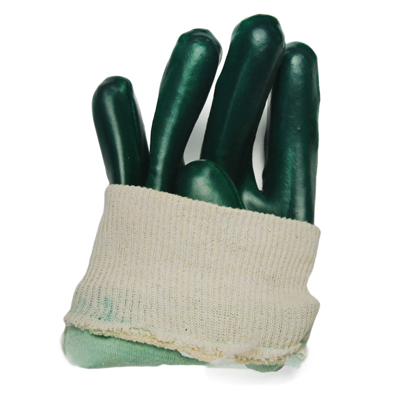 PVC浸漬緑色耐油性作業手袋ニットリスト