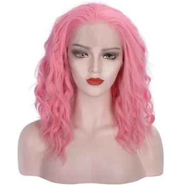Vigorous Short Bob Wavy Lace Front Wigs for White Women Curly Wavy Pink Wig Heat Resistant Synthetic Free Part Cosplay Wig