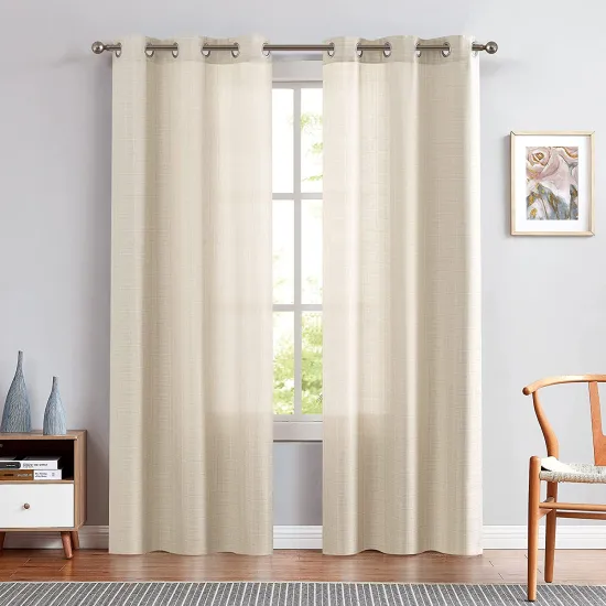 Beige Linen Textured Curtains: Ideal for Living Room and Bedroom Decor with Grommet Top and Light Filtering Properties