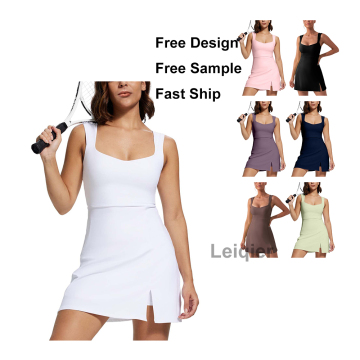 Custom Logo Square Neck Tennis Dress with Built-In Shorts and Bra for Women's Sports and Gym Workouts
