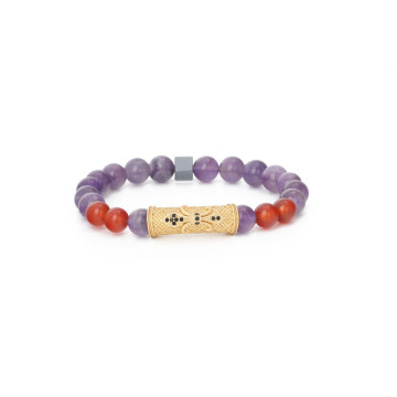 Natural Amethyst Beads Mixed Red Agate Hematite Engrave LOGO Charm Bracelet Jewelry Accessories