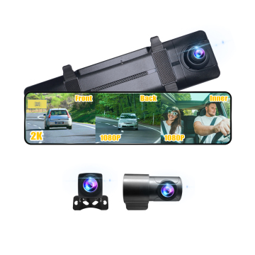 11.26" Mirror: 3-CH Cameras, GPS Navigation, 2K Recording, Wireless CarPlay Dash Cam with DVR Monitor for Reversing Aid