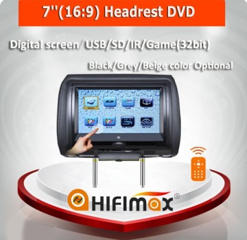 Hifimax 7 inch car headrest dvd player w/USB/SD/IR/Game(32bit)/Digital Touch screen/remote controller Black, Grey,Beige optional