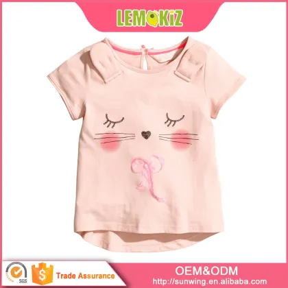High Quality Children Short Sleeve Lovely Cat Pink Pattern Summer Girl T-shirt