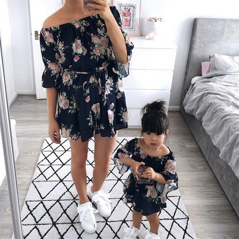 Mother and Daughter Boho Dresses Fashion Parent-child Off-shoulder Dress Family Matching Outfits Mom Half Sleeve Printed Dresses