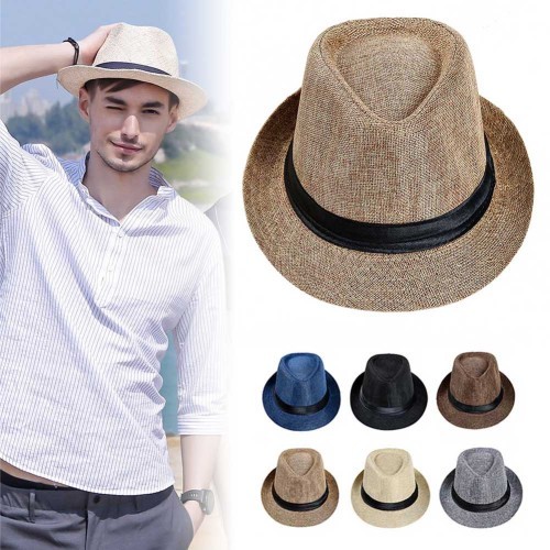 Men Straw Hat Linen Sun Protective Foldable Breathable Casual Cap for Summer JAN88