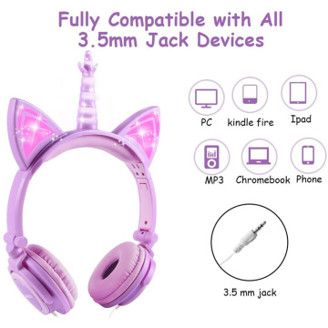 Cuffie unicorno per bambini con cavo sopra l&#39;orecchio con LED