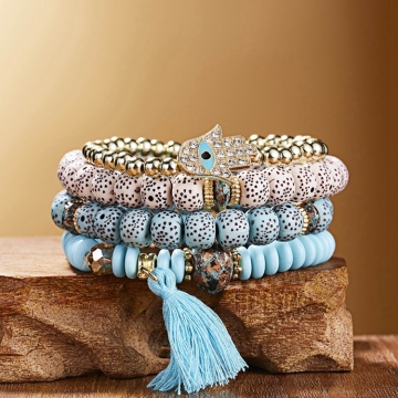 Boho Style Charm Fatima Hand Acrylic Bodhi Beads Women's Evil Eye Bracelet Set Jewelry