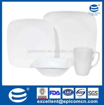 square cheap white porcelain dinner plate, big mug, square cereal bowl