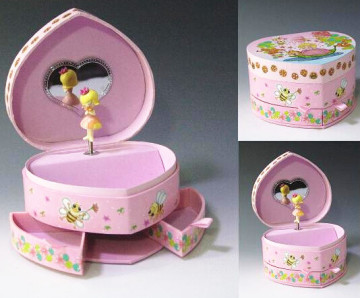 Pink Heart-Shaped Music Box with Mirror and Drawers