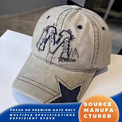 Letter M Star Patch Washed Baseball Caps