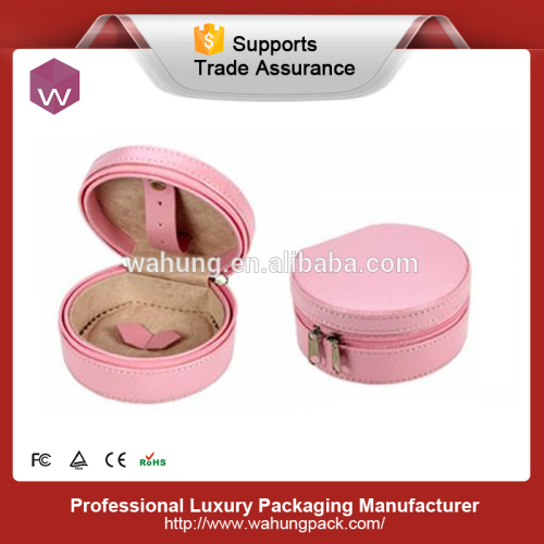 round pink leather jewelry box mirrored leather jewelry box round (WH-0575)