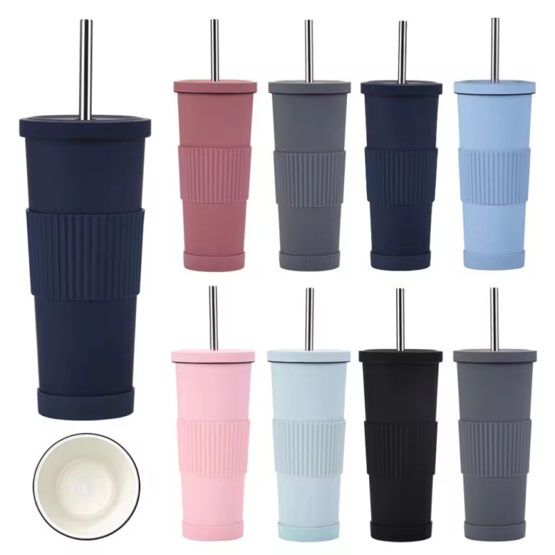 Colorful Ribbed Stainless Steel Tumbler with Straw