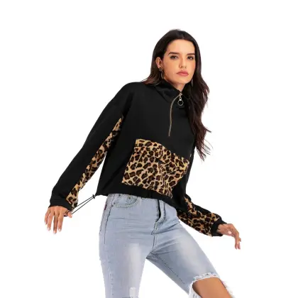 Women's Casual Stitching Leopard Print Pullover Sweatshirt