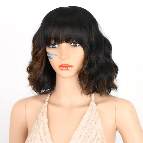 Synthetic Wig With Neat Fringer Short Curly Shoulder Length Highlight Brown Body Wave Bob Hair Heat Resistant Fiber For Women