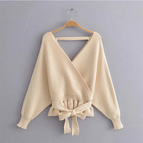 Cross Doll Sleeve Knit Sweater Women's V Neck Belted Waist Ruffle Pullover Top Manufactory