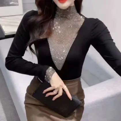 Sexy hollow high neck bottoming shirt