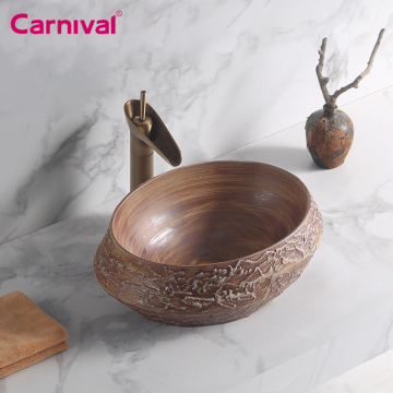 Vintage Irregular Wood Grain Ceramic Vessel Sink for Hotel Bathroom