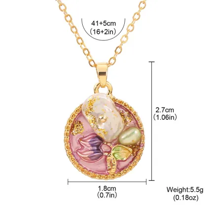 Vintage Oil Painting Clavicle Chain Necklace Gold Plated Pearls Flower Pendant