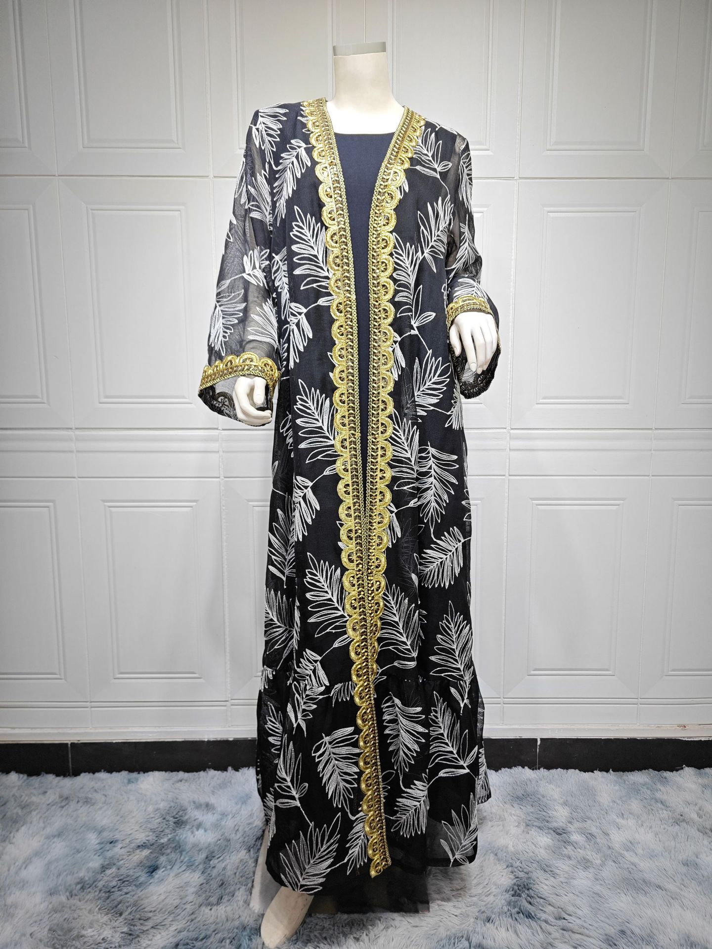 Mesh Embroidered Two Piece Abaya with Gold Trim Detail