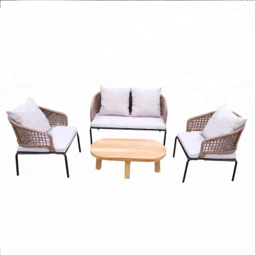 Metal Frame Woven Rope Garden Patio Furniture Outdoor Sofa Set with Wood Table