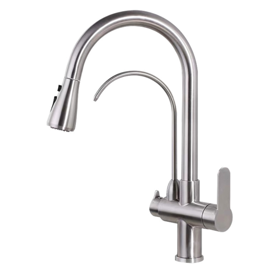 Grifo de cocina extraíble de tres vías de acero inoxidable 304 con sistema de filtro de flujo de agua purificada