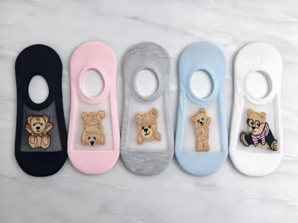 Women Bear Jacquard Socks, Crystal Silk Sheer Ankle Socks