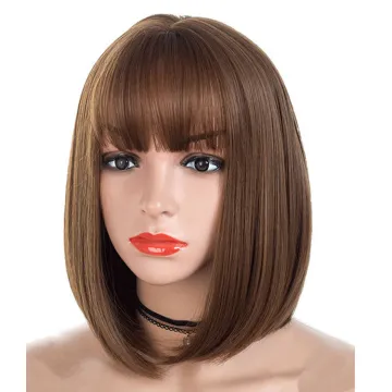 Short Bobo Wig  Brown Synthetic Wigs with Bangs Cosplay Natural Daily Hair