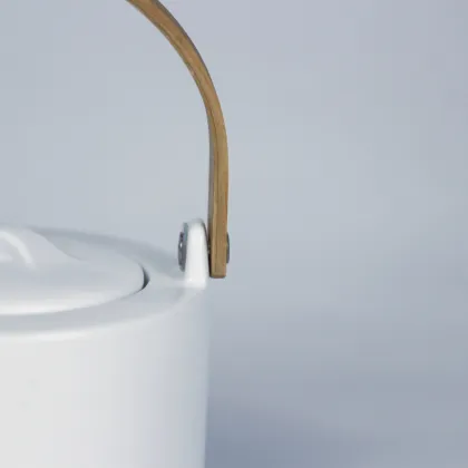 Modern White Porcelain Teapot with Bamboo Handle and Stainless Steel Infuser - 20Oz