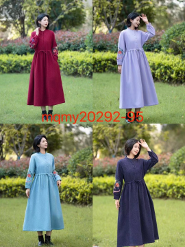 Lace collar embroidered fleece elastic drawstring dress